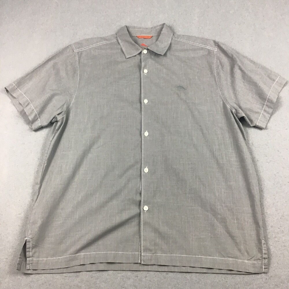 Tommy Bahama Shirt Men Large Gray Crosshatch Button Up Short Sleeve Logo L